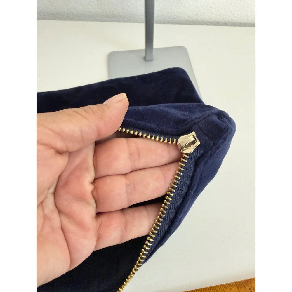 Merona Navy Blue Velvet Foldover Clutch Bag Gold Zipper Evening Pouch‎